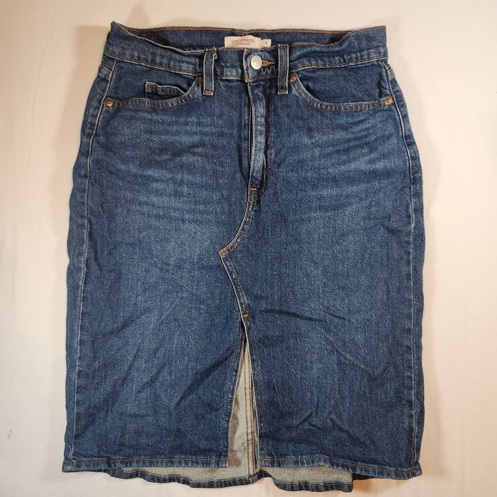 Levi Strauss Signature Denim Midi Skirt Medium Wash Front Slit Size 4